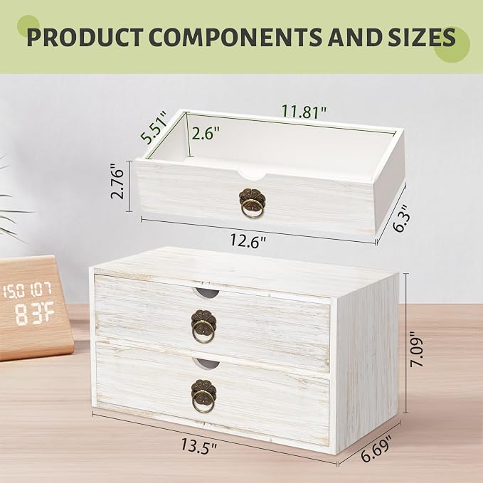 Wood Desk Organizer, White Wooden Desktop Organizer with Drawer, Tabletop Storage Organization Box for Countertop, Home Office Supplies, Bills (2 Drawer) - Image 3