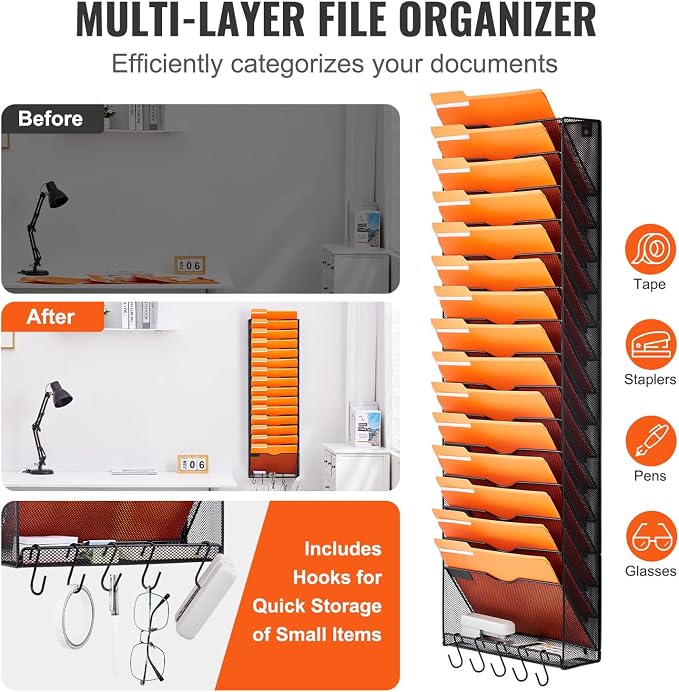 VEVOR File Wall Rack, 1-Piece 16 Pockets Mesh Wall File Holder, Wall Mounted Magazine Mail Paper and Document Storage Folder WJBGJHSWJSWSGLDOLV0 - Image 3