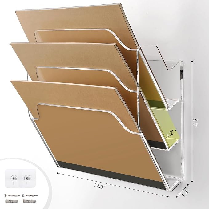 Acrylic Hanging Wall File Organizer, Clear Wall File Holder | 3 Tier Mail Organizer Wall Mounted, Folder Paper Magazine Rack for Office, Desk, School - Image 2