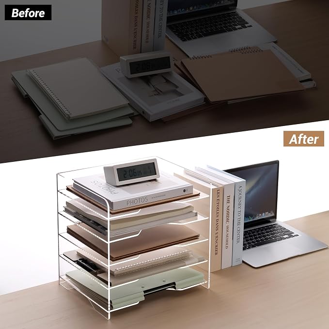 SANRUI Acrylic Paper Organizer Letter Tray, 5 Tier Enlarged File Holder | Clear Desk Organizers and Accessories, Versatile Paper Sorter Desk Shelf for Office Classroom Home,13.8 x 9.6 x 13 in - Image 8