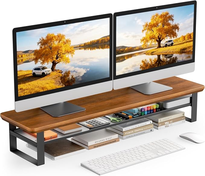 Dual Monitor Stand, 35.4 Inch Monitor Stand Riser for 2 Monitors, 2 Tiers Wood Desk Shelf with Storage, Desktop Organizer Stand for Computer, Laptop, Printer, TV by NestNeatHome