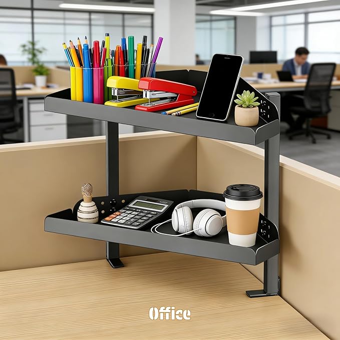 CanKing Desk Clamp Shelf, 16 Inch Corner | 2-Tier height adjustable metal shelf, clamp-mounted only above or under desk corners for office & gaming cubicles - Image 2