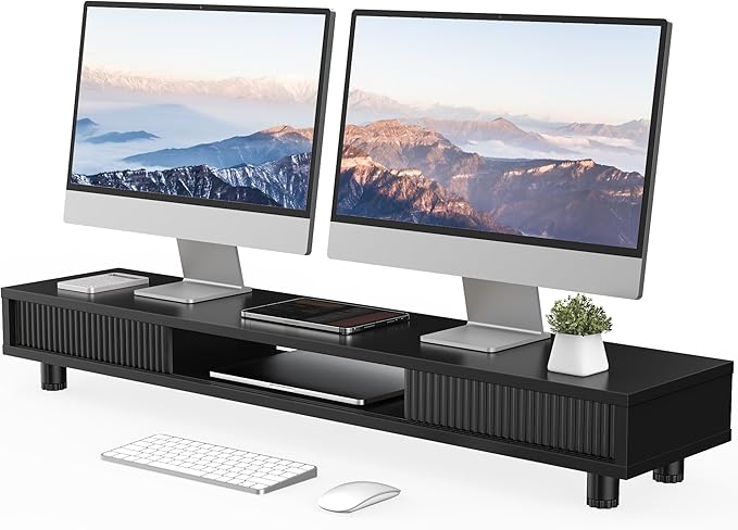 Fenge Dual Monitor Stand with Storage, Desk Shelf with Glass Sliding Door | Ergonomic Height Adjustment, 42.5in Monitor Shelf, 2-Tier Monitor Riser, Desk Organizer for Screen, PC, Laptop, Balck by Fenge