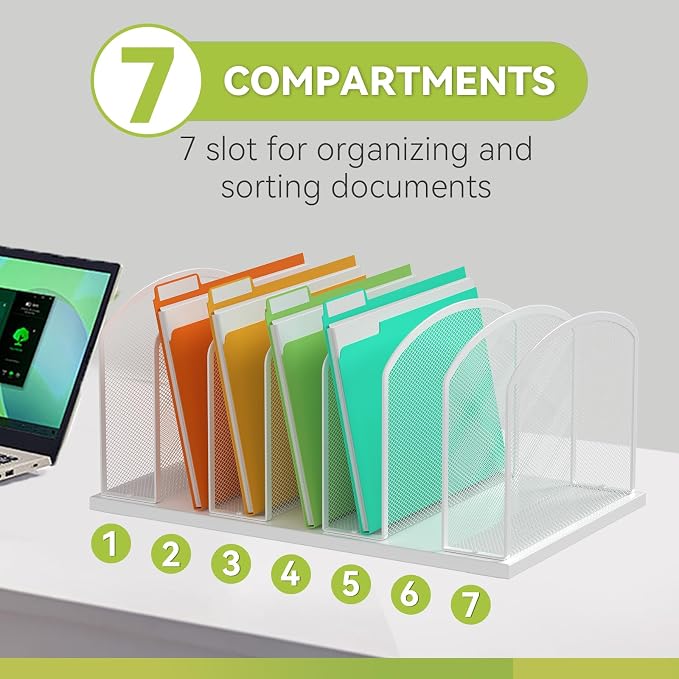 Desk File Organizer Vertical 7 Sections Mesh File Sorter Paper Storage Organizer for Desk, Office Organization File Holder Rack, White - Image 4