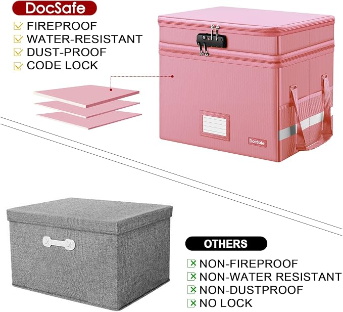 DocSafe File Box with Lock,Multi-Layer Fireproof Document Box Collapsible File Storage Organizer with Pockets/Handle,Large Portable Home Office Filing Safe for Hanging Letter/Legal Size Folders,Pink - Image 8