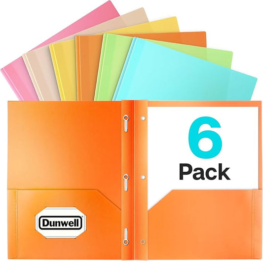 Dunwell Pastel 2-Pocket 3-Prong Folders, Plastic, 6 Pack, Labels | Aesthetic Color-Coded School Folders, Durable Plastic, Back to School Supplies by Dunwell