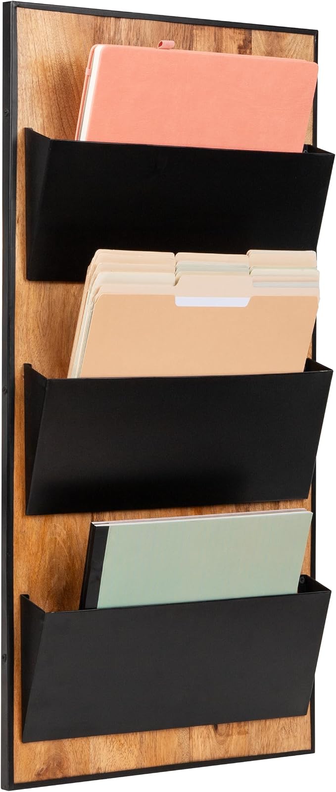 Mind Reader 3-Tier Wall-Mounted File Organizer, Wood and Metal Vertical Rack for Mail, Magazines, and Documents, Black by MindReader