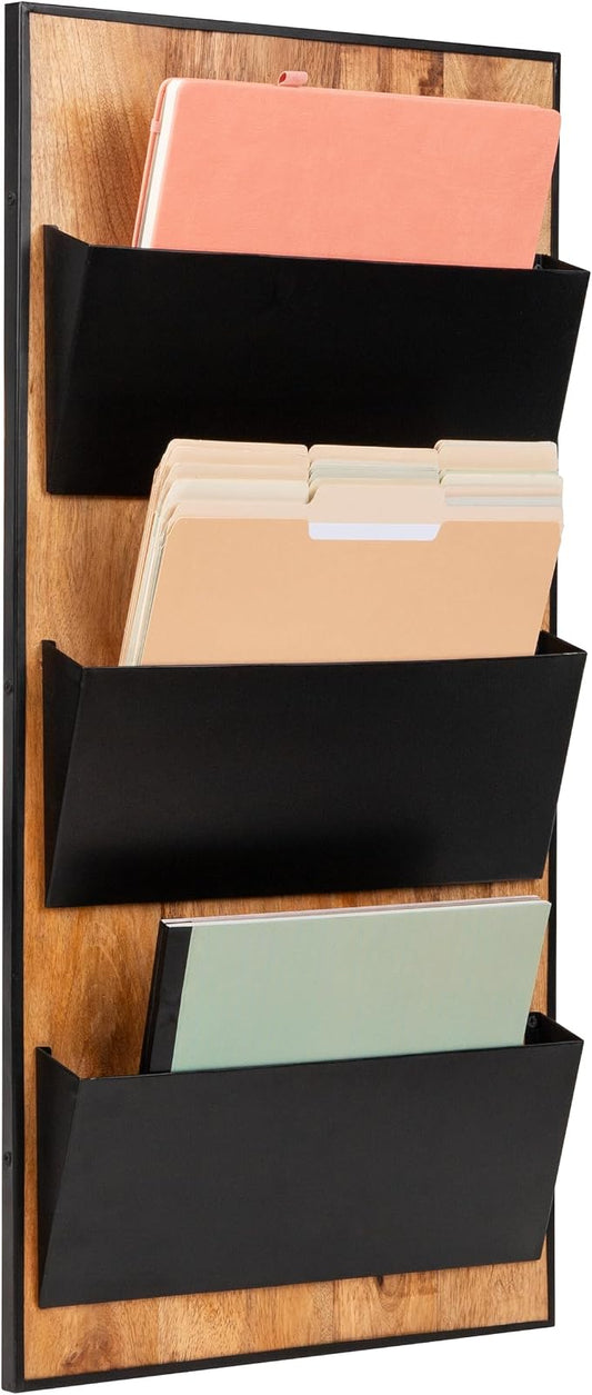 Mind Reader 3-Tier Wall-Mounted File Organizer, Wood and Metal Vertical Rack for Mail, Magazines, and Documents, Black by MindReader