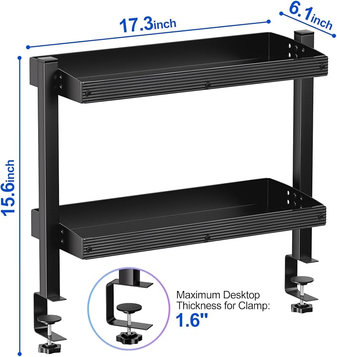 17 inch Adjustable 2-Tier Clamp On Desk Shelf with Hooks | Heavy Duty, Holds 44 lbs, No Drill, for Home Office, Gaming & Desk Organizer - Image 2