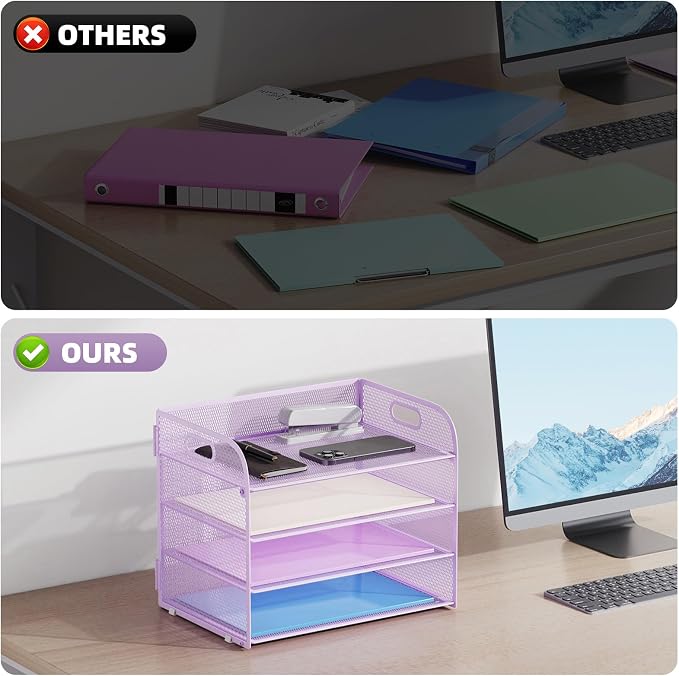 Marbrasse 4 Tier Paper Organizer Letter Tray - Mesh Desk File Organizer with Handle, Paper Sorter Organizer for Letter/A4 Office File Folder Holder (Purple, 12.6" x 9.1" x 10.7") - Image 2