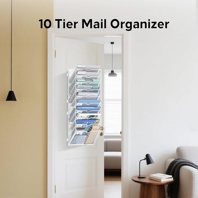 10-Tier Wall File Organizer and Hanging File Organizer, White | Wall Organizer and Wall Mounted File Holder with 14 Pockets and Label Panels for Files, Mail, Folders, Magazines and Paper - Image 5