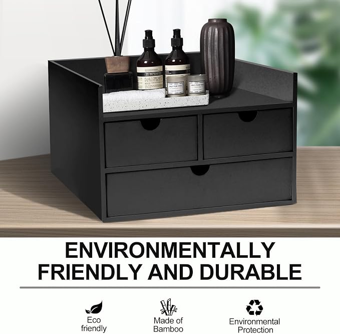 Charmewooden Bamboo Desk Organizer 3 Drawer with Shelf, Countertop Organizer with Drawers Makeup Storage Drawer 3 Drawers Tabletop Storage Organization Box Home Office Workspace（Black） - Image 5