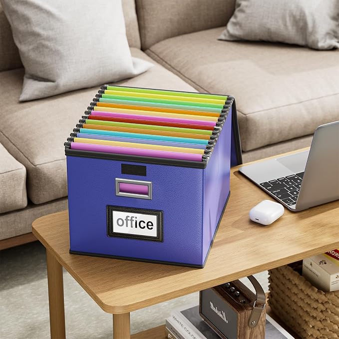 File Organizer Box with Lids, Collapsible File Folder Organizer | File Box with Plastic Slides for Document, Filing Bin for Letter Size Hanging File Folders (2 Pack, Navy Blue, Leather) - Image 4