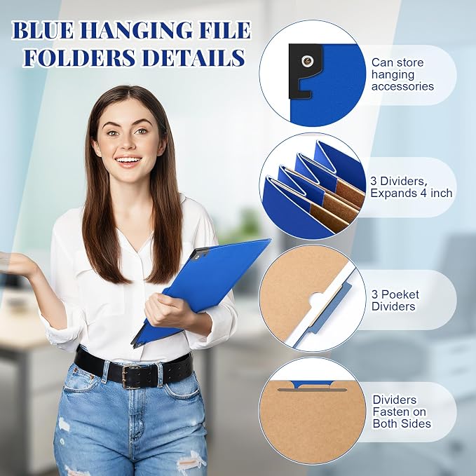 Henoyso 15 Pcs Hanging Classification Folders,3 Pocket Dividers,Dark Blue | Letter Size, Hanging File Folders with 3 Pockets, 4" Expansion, 8 Prong Fasteners, 1/3 Tab Cut, 8 Sections, Pressboard Manila - Image 4