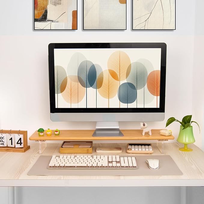 Bamboo Monitor Stand Riser, Natural Desk Shelf with Acrylic Legs | 31.5-Inch Wide, 3.3-Inch Clearance, Fits Monitor, Laptop, Printer and Speakers for Small Desks - Image 9