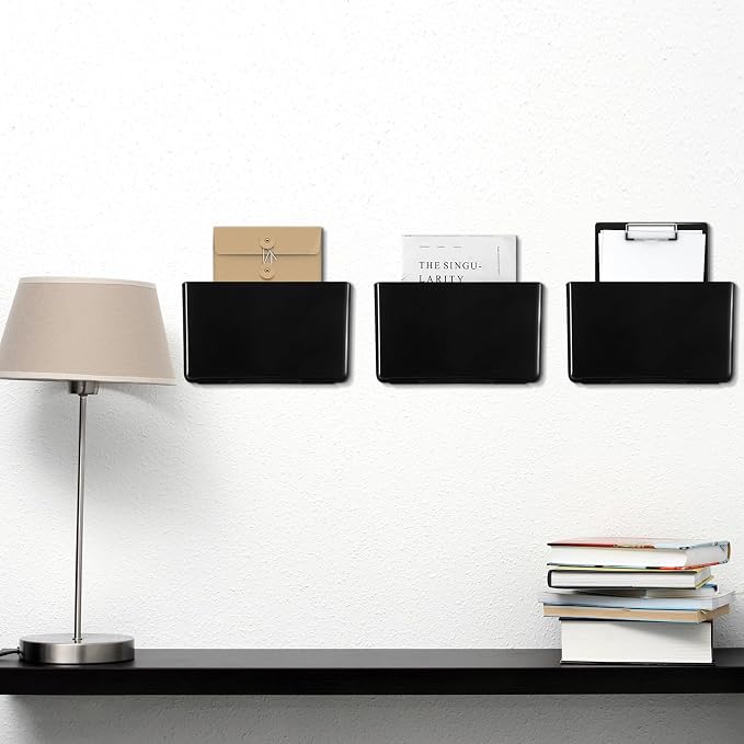 Tenceur 12 Pcs Plastic Single Pocket Wall Mount File Holder with Double Sided Adhesive Tape and Screws Wall File Hanging Folder Letter Paper Mail Organizer for Office Home Classroom(Black) - Image 5