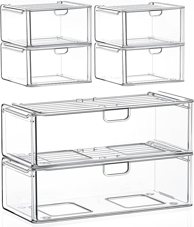 6-Pack Acrylic Stackable Storage Drawers for Vanity, Desk, Bath | 2 large & wide 13" drawers, Smooth-glide, stackable, clear body, dustproof, wipe clean, for makeup, pantry jars, under sink by shoeboxesanddeskorganizers