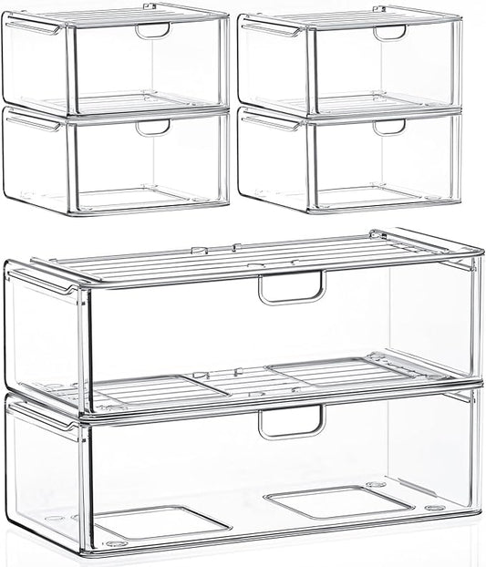 6-Pack Acrylic Stackable Storage Drawers for Vanity, Desk, Bath | 2 large & wide 13" drawers, Smooth-glide, stackable, clear body, dustproof, wipe clean, for makeup, pantry jars, under sink by shoeboxesanddeskorganizers