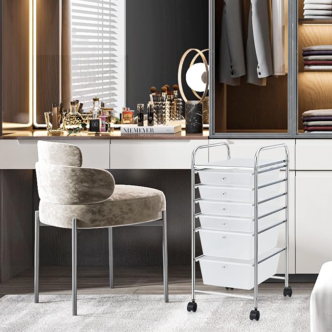 COSTWAY 6-Drawer Rolling Storage Cart, Art Craft Tools Organizer on Wheels | Multifunctional Heavy Duty Utility Mobile Storage Trolley w/ 2 Lockable Wheels for Home Office School (Clear) - Image 9