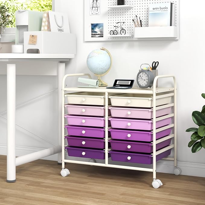 GOFLAME 12-Drawer Rolling Storage Cart, Multifunctional Art Craft Organizer Cart, Mobile Utility Storage Cart with Removable Drawers & Lockable Wheels, Craft Cart for Home Office, Purple Gradient - Image 4