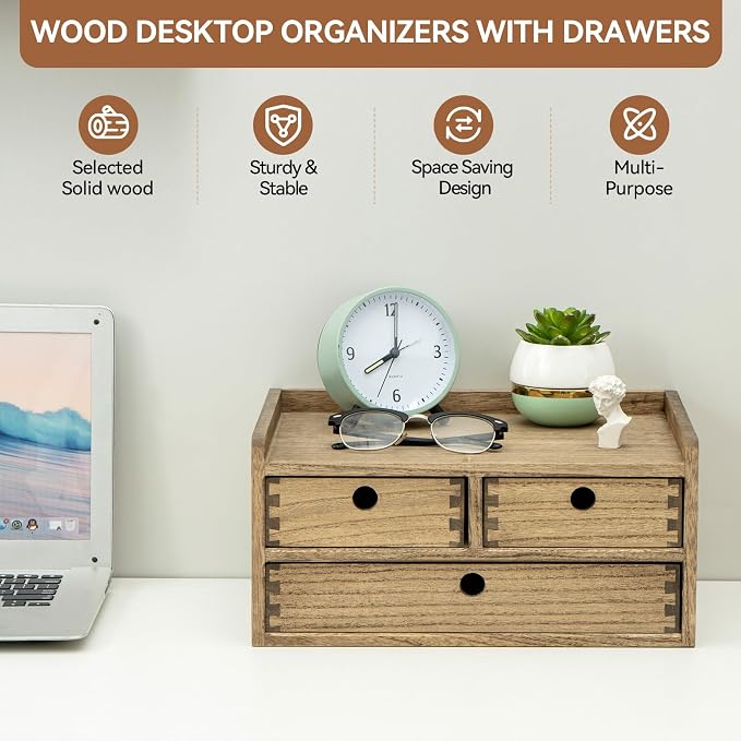 KIRIGEN Wooden Desk Organizer with 3 Drawers and Top Shelf Brown DT2D3C-DBR | 3-Drawer Cabinet with Top Shelf Stores Papers, Office Supplies, Cosmetics, Crafts, and Small Accessories on Desks or Counters - Image 7