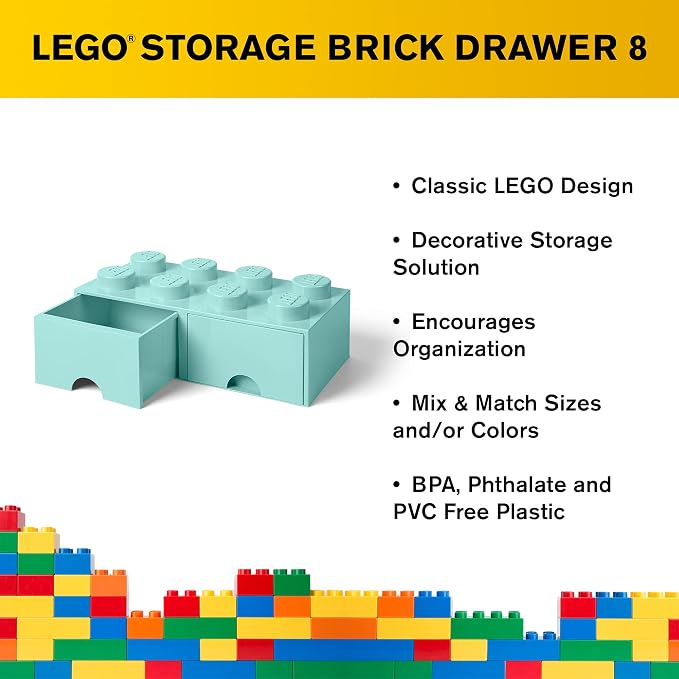 LEGO Brick Drawer, 8 Knobs, 2 Drawers, Stackable Storage Box, Aqua Mint Green | Stackable Storage Box 2 Pull-Out Drawers 8-Knob Brick Design Toy & Desk Storage Home Decor Office Kids Room - Image 5