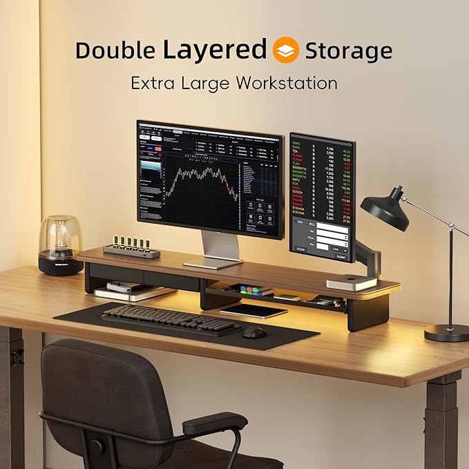 AFOOYO Large Dual Monitor Stand For Desk,43 Inch Desktop Computer Riser with Metal Drawer Desk Shelf Organizer For Computer/Laptop/PC/Printer/TV - Image 2
