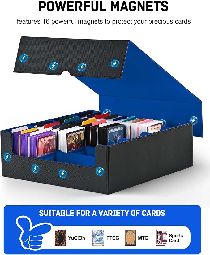 ZLCA Card Storage Box for MTG PTCG, Commander Deck Box Holds 3200+ Cards, Trading Card Storage Case with 4 Stoppers, Card Organizer for TCG Sport Cards(Black&Blue) - Image 5