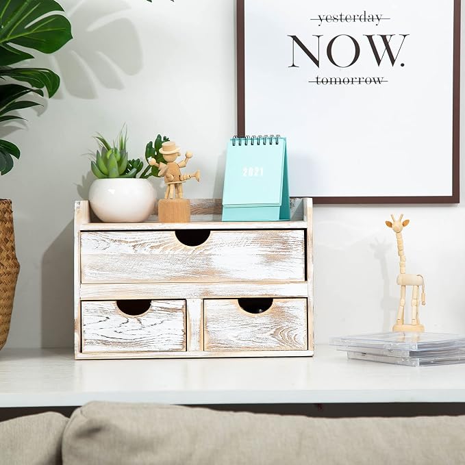 Rustic Distressed white 3-Tier Wood Desk Organizer with 3 Drawers Mini Storage Shelf For Desk, Toiletries Vanity Office Supplies (Vintage white) - Image 2