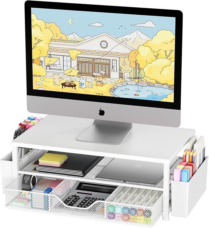 Desk Organizers and Accessories, Computer Monitor Stand Riser with Drawer and 2 Pen Holders, Printer & Laptop Stand, Office Desk Accessories & Workspace Organizers for Home Office Supplies, White Wood by OPNICE