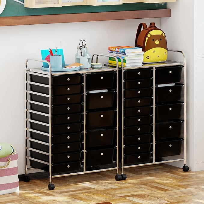 Giantex 15 Drawer Rolling Cart with Drawers, Storage Organizer Cart for Classroom Office School Teacher, Mobile Drawer Cart for Tools, Crafts, Small Printer, Black - Image 4