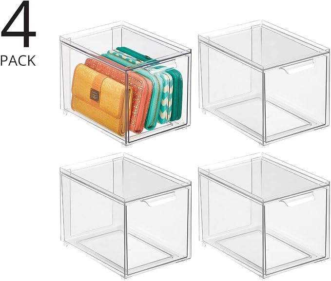 mDesign Shoe Storage Box with Drawer – Sturdy Plastic Storage Box for Shoes – Stackable Drawer Box for Shoes, Accessories and More – Pack of 4 – Clear - Image 4
