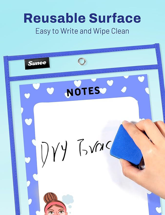 SUNEE 30 Packs Oversized Reusable Dry Erase Pocket Sleeves with 2 Rings, 10 Assorted Colors 10x14 Ticket Holders, Clear Plastic Sheet Protectors, Teacher School Classroom Supplies - Image 3