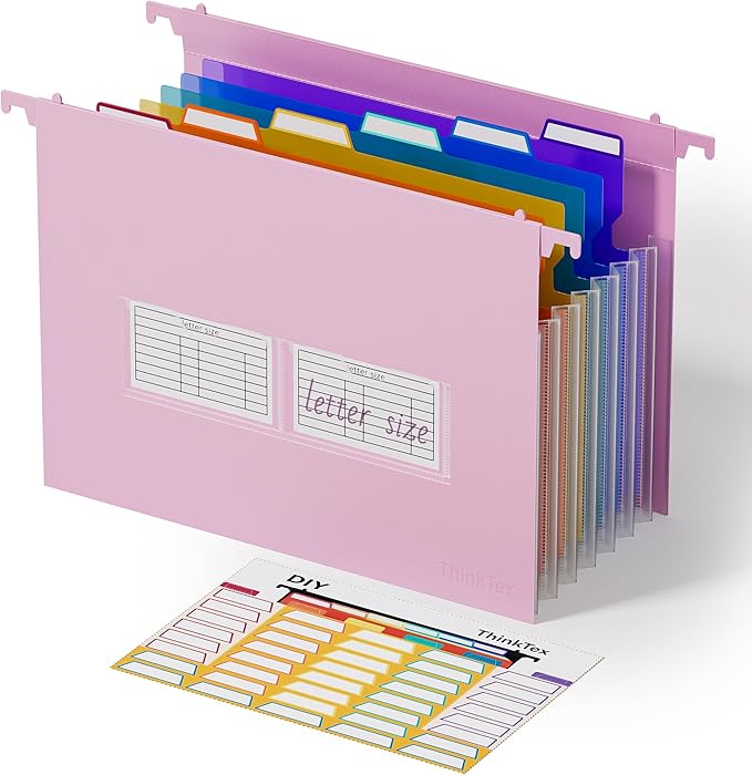 ThinkTex Plastic Expanding Hanging File Folders, 7 * 1.2" Accordion Pockets | Large Capacity, Multi-Color Tabs, Letter Size for Filing Cabinet - Purple by ThinkTex