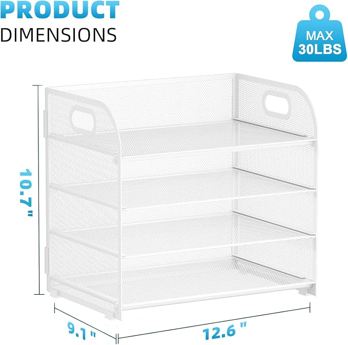 Marbrasse 4 Tier Paper Organizer Letter Tray, Mesh Desk File Organizer with Handle, Paper Sorter Organizer for Letter /A4 Office File Folder Holder（White, 12.6" x 9.1" x 10.7"） - Image 3