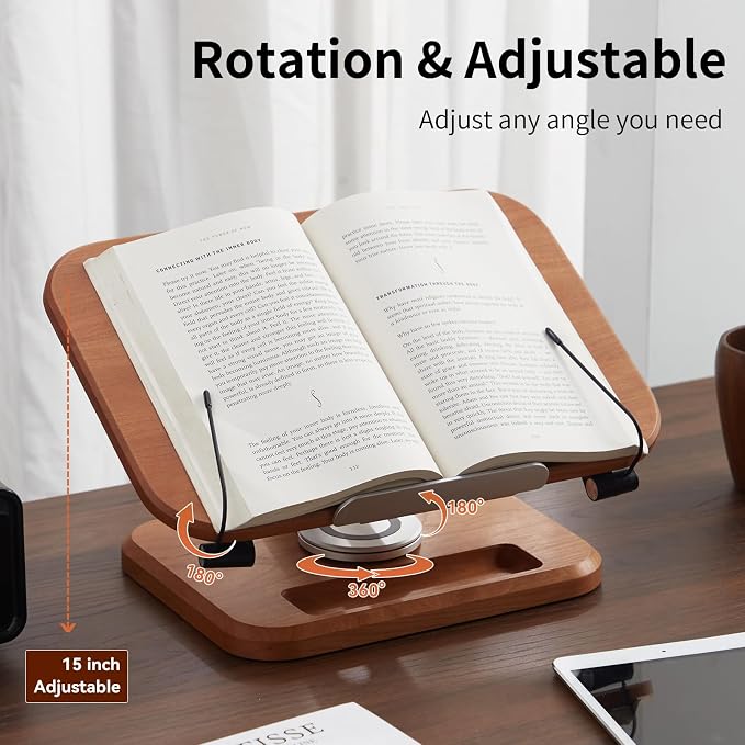 Book Stand for Reading, Mayhas Adjustable Book Holder with 360° Swivel Base&Page Clips, Foldable Desktop Stand for Cookbook, Fits All Books (Cherry Wood, Wood Base) - Image 4