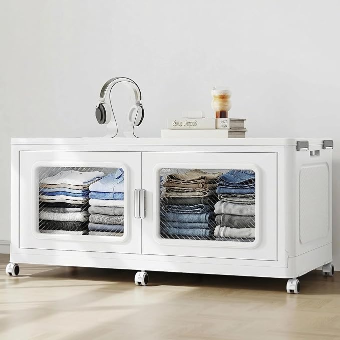 BROVIEW 300 Qt/75 Gal Stackable Storage Bins with Lids, 1 Pack, White | Large Stackable Storage Boxes w/ 1 Lid Folding Plastic Cart Organizer for Home Kitchen, Open Front Clear Door with Wheels by BROVIEW-EnjoytheArtofLife