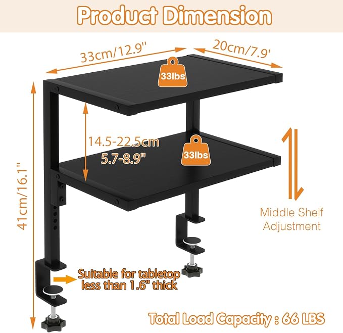IBUYKE Clamp on Desk Organizer Shelf,Desk Extender Shelves TMZ007B | 12.9 inches,2-Tier Adjustable Storage Shelves, Above or Below Desk, for Desktop Accessories,Black - Image 2