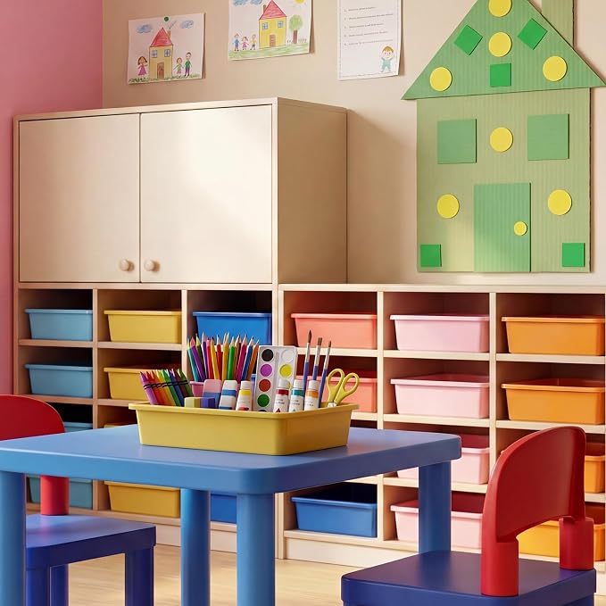 18 Pcs Flat Storage Organizer Bins Letter Size Paper Tray Classroom Storage Plastic Art Trays Classroom Pencil Organizer Baskets for School Office Teacher Book Organization(Fresh Color) - Image 5