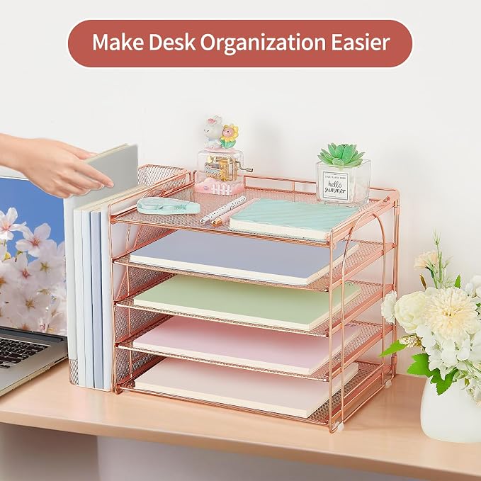 AUPSEN Rose Gold Desk Organizers and Accessories, 5-Tier Desktop Paper File Organizer with Removable File Holder, Desk Accessories & Workspace Organization for Home Office Supplies (Rose Gold) - Image 5