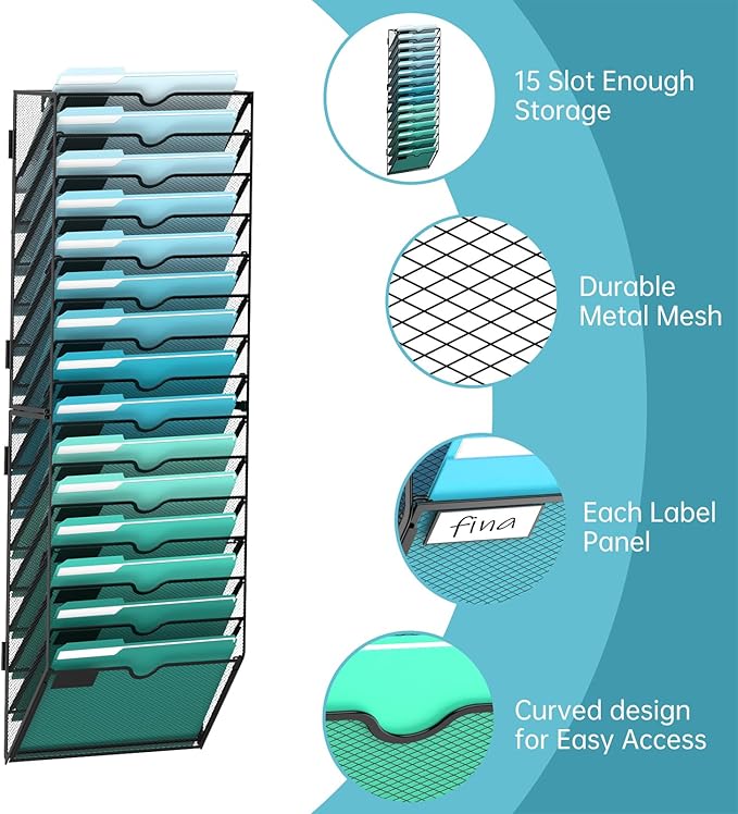 15-Tier Wall File Organizer, Hanging File Holder, Wall Mounted Mail Sorter | Metal Mesh Hanging File Organizer with Open Compartments and Label Panels for Papers and Folders at Home, Office or School - Image 3