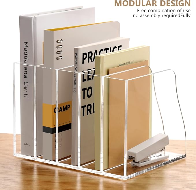 SANRUI Acrylic Magazine File Holder Desk Organizer, Clear 5 Compartments | Workspace Document Sorter, Vertical Folder Rack Binder for Office Home Classroom Tablet, Books & Accessories Storage - Image 4