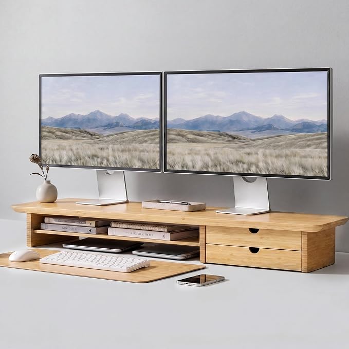 Bamboo Dual Monitor Stand, Natural Desk Shelf with Storage | 39.3 inch Monitor Riser with 2 Drawers, Desk Stand with Cable Management for Home Office, Printer, Laptop by Rocdeer