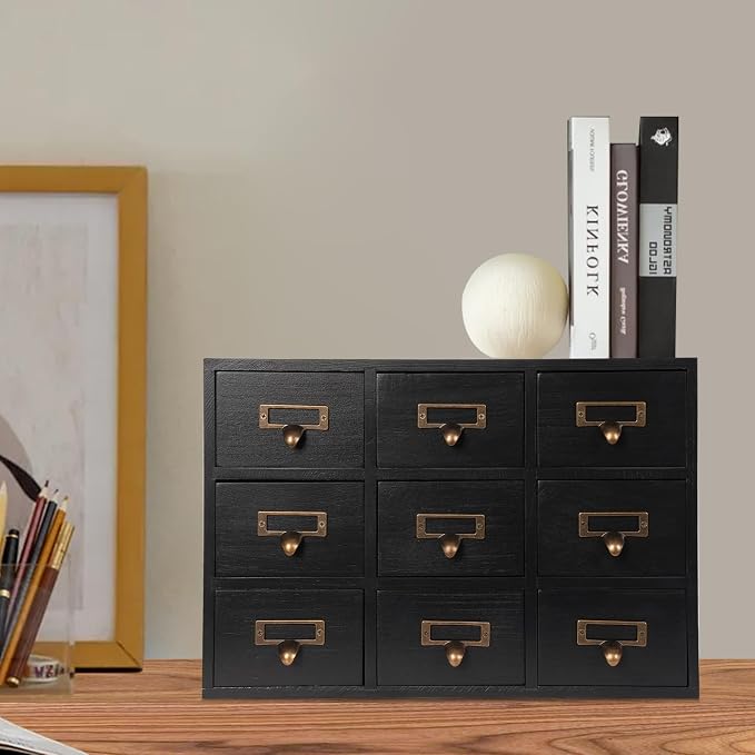 9 Drawers Apothecary Cabinet with Drawers, Library Card Catalog Cabinet, Tabletop Apothecary Chests and Cabinets, Wooden Desk Drawer Organizer Medicine Vintage Furniture (Black) - Image 2