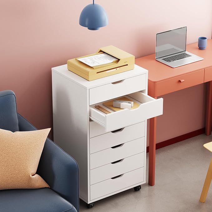 DEVAISE 7-Drawer Office File Cabinets, Mobile Craft Storage Cabinet, White | Wood Drawer Unit, Storage Cabinet, Rolling Cart, Printer Stand, Filing Cabinet with Drawers - Image 2