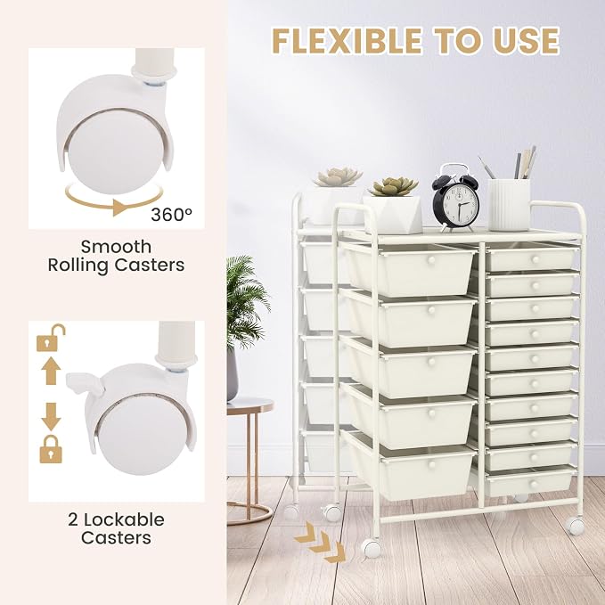 GOFLAME 15-Drawer Rolling Storage Cart, Craft Storage Cart with Removable Drawers & Lockable Wheels, Art Cart Supply Storage Organizer for Home Office Classroom, White - Image 5
