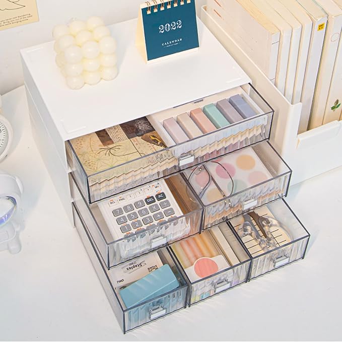 Stackable Desk Organizer with 6 Drawers, 3 Tier Plastic Desk Storage Box Desktop Drawers, Detachable Makeup Storage Office Stationery Supplies Organizer for Desk Office School Home - Image 2