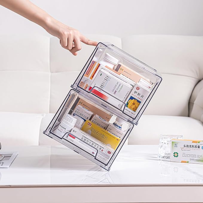 2 Pack Stackable Organizer Drawers, Clear Desk Storage Box,Transparent Drawer in Home, Office and Kitchen Pull Out Organizer Bins for Make Up, Pen, Desktop Stationary (2Extra Large) - Image 3