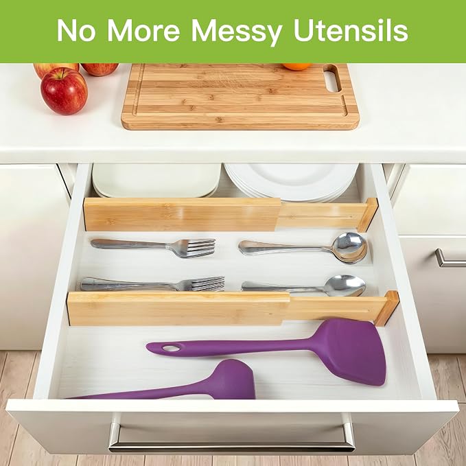 Utoplike Bamboo Dresser Drawer Dividers, Expandable Organizer for Clothing | Adjustable 3.2" High Drawers Separators for Kitchen, Bathroom, Bedroom, Office Storage, 4Pcs, Fit 13.5"-16" Inner Drawer - Image 6