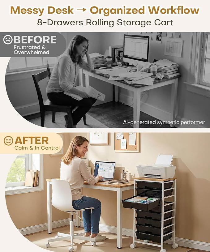 Homde Rolling Storage Drawer Cart: 8-Drawer Sort to Clear Desk & Dresser Clutter - Anti-Fall Smooth Glide Prevents Spill-Out During Daily Grab - Lockable Wheels Keep It Steady - Image 2
